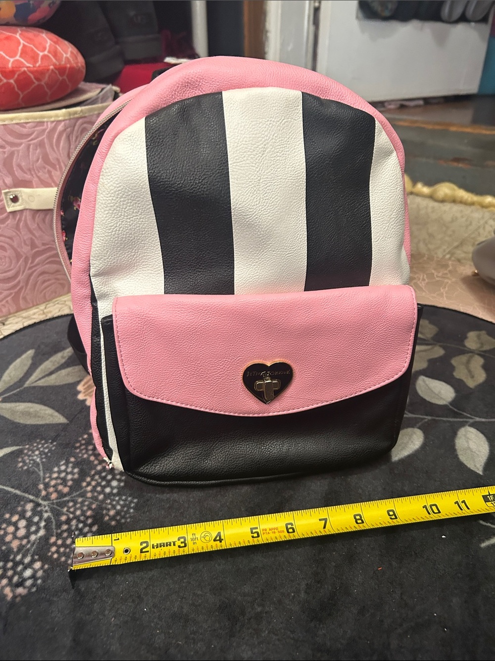 Betsey Johnson Pink Black White Striped Mini Backpack with Heart Lock